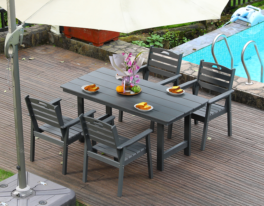 অনুভূমিক ব্যাকরেস্ট সহ গ্রে HDPE 4-পিস আউটডোর ডাইনিং সেট