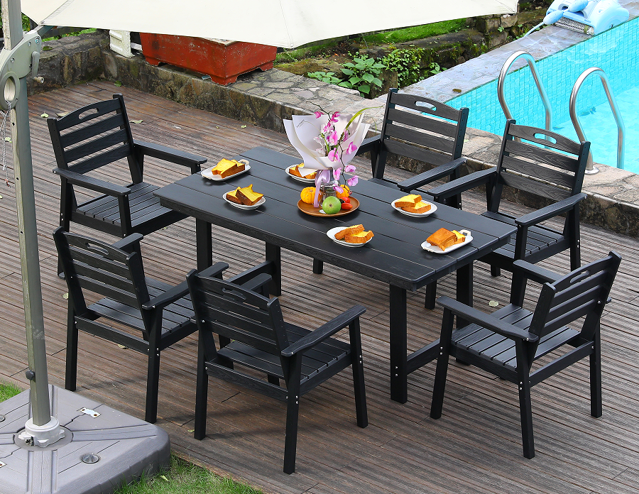 অনুভূমিক ব্যাকরেস্ট সহ কালো HDPE 6-পিস আউটডোর ডাইনিং সেট
