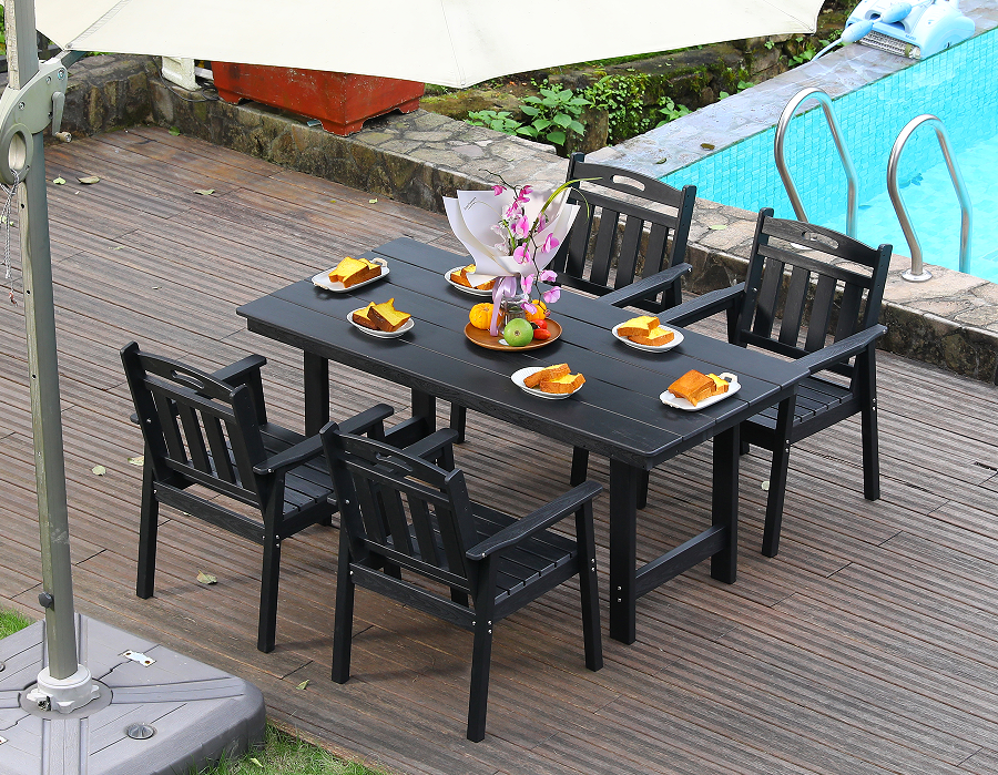 কালো HDPE 4-পিস আউটডোর ডাইনিং সেট উল্লম্ব ব্যাকরেস্ট সহ